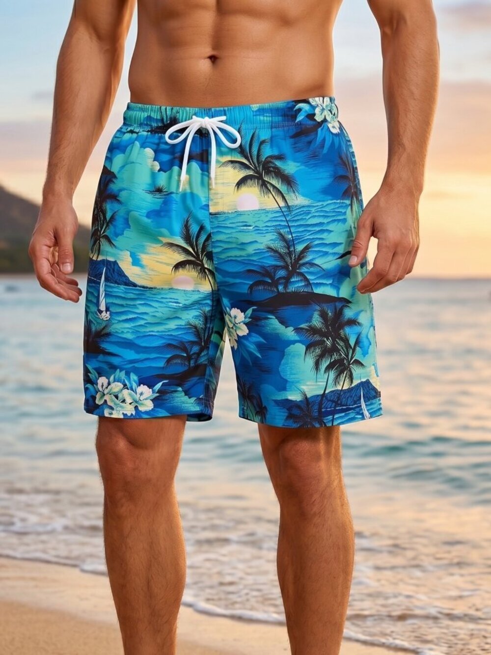 NWT | Men's Hawaiian Tropical Print Elastic Drawstring Swim Shorts - Large